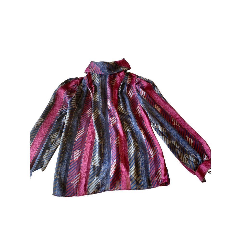 High Neck 70s Vintage Blouse Button Back Tie Neck Top Geometric Pink Med Small‎